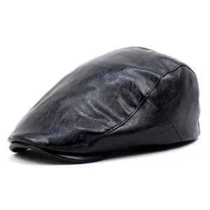 Vintage Men's PU Leather Flat Cap Solid Color Newsboy Ivy Hat Fashionable Cabbie Driving Beret Warm Adjustable Unisex Hat