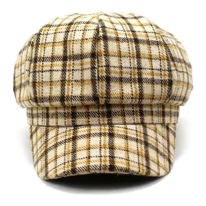 Classic British style yellow plaid baker boy hat with a short brim for autumn winter fashion