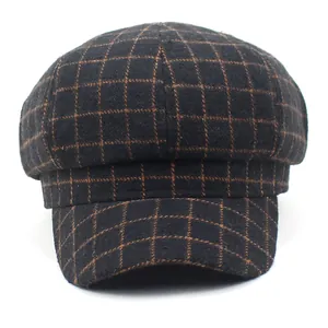 Vintage black and brown plaid newsboy cap in thick textured wool fabric for women