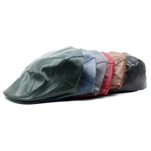 Classic PU leather flat caps for men and women in various solid colors shown from side view