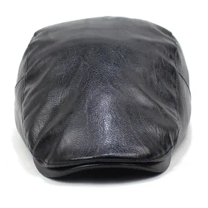 Classic black PU leather beret hat for men with solid finish and curved brim peak cap