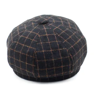 Vintage black and brown plaid cotton octagonal newsboy cap for women in autumn
