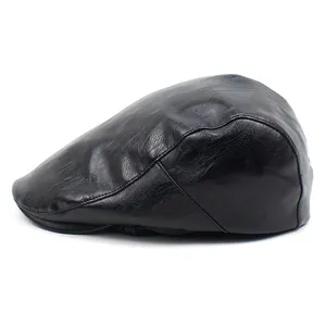 Side view of black faux leather beret hat featuring detailed pebbled texture and stitching