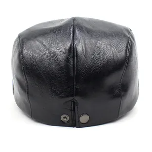 Classic black faux leather beret hat with adjustable metal buckle on back
