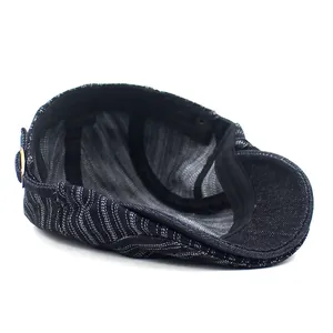 Classic black and white striped men's beret hat with gold buckle and premium texture