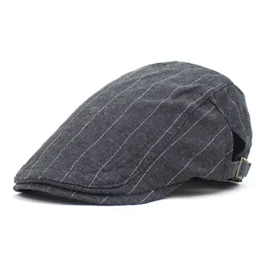 Classic striped cotton flat cap for men and women with adjustable metal side buckle