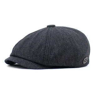 Vintage Katoen Newsboy Pet Voor Heren Dames Effen Kleur Acht Panelen Baker Boy Hoed Met Metalen Badge Casual Baret