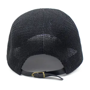 Breathable black woven paper straw baseball cap with adjustable metal buckle back view