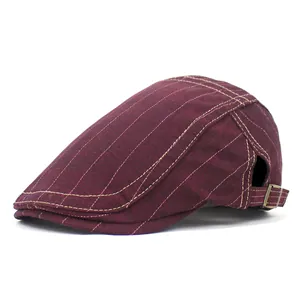 Vintage Striped Cotton Flat Cap For Men Women Adjustable British Style Ivy Cabbie Hat Breathable Sun Protection Accessory