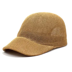 Women's woven paper straw baseball cap with breathable mesh and curved brim in khaki