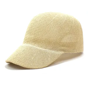 Breathable cream woven straw baseball cap with curved brim for summer sun protection