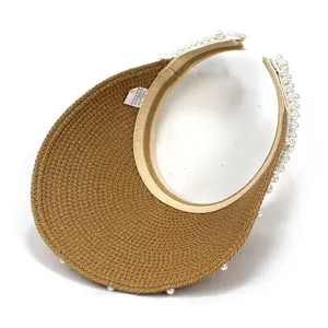 Women's straw sun visor with pearl edge and large bow, elegant summer open top hat