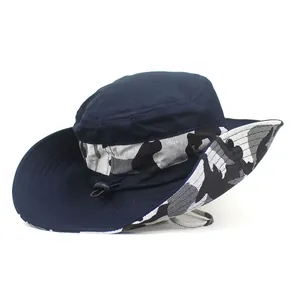 Men's wide-brim sun hat in dark blue with camouflage trim and adjustable wind rope