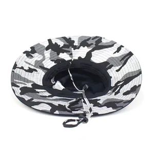 Men's outdoor camouflage sun hat with wide brim and adjustable chin strap on white background