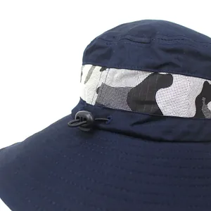 Men's navy sun hat with wide brim, camouflage trim, and adjustable drawstring for hiking
