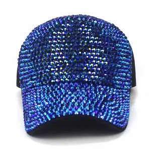 Fashion baseball cap featuring gradient blue and purple rhinestones on a black base