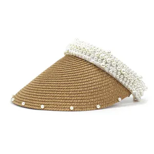 Women Elegant Empty Top Sun Visor Hat Straw Weave White Artificial Pearl Decoration Wide Brim UV Protection Summer Beach Accessories