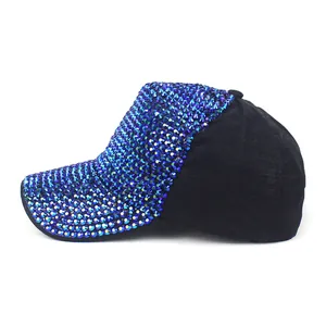 Detail of black baseball cap featuring gradient blue and purple rhinestone embellishments
