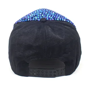 Rear view of black cotton baseball cap with colorful rhinestones and snapback closure