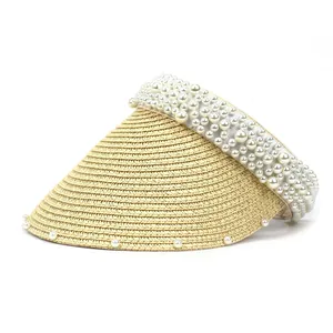 Straw sun visor hat with pearl embellishments for women in natural beige summer style