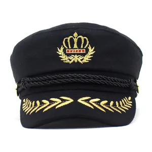 Flat top military navy cap with gold crown embroidery and rope detail on black wool fabric