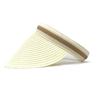 Women's cream straw headband sun visor with wide brim and striped ribbon decoration