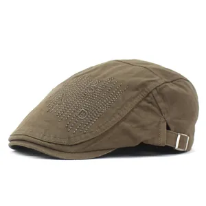 Béret marron en coton pour homme avec broderie et boucle en métal ajustable