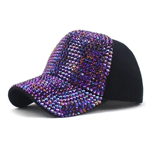 Black baseball cap with colorful iridescent rhinestones on brim and front panel