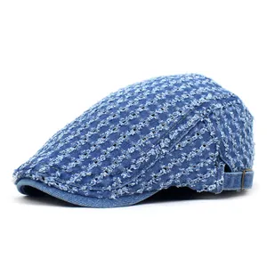 Vintage Distressed Denim Beret Newsboy Cap Adjustable Cotton Frayed Ivy Flat Cap For Men Women Casual Outdoor Fashion Hat