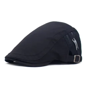 Classic black men's beret hat with breathable mesh stitching and adjustable metal buckle