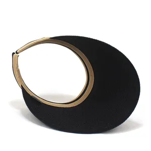 Detail of hand-woven wide brim sun visor with breathable open top and contrast color design