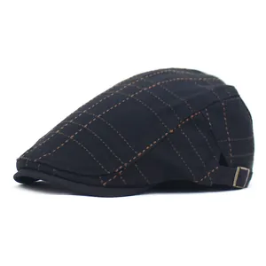 Men's vintage black flat cap with orange striped plaid and metal adjustable side buckle