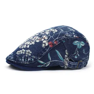 Vintage Floral Print Washed Denim Flat Cap For Men Women Adjustable Cotton Beret Ivy Cabbie Newsboy Hunting Cap
