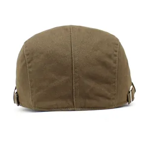 Detailed back view of brown cotton flat cap featuring metal adjustable buckles and stitching