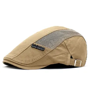 Men's breathable mesh khaki beret cap with letter patch and adjustable buckle