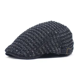 Retro distressed denim beret hat with grid texture and metal adjustment buckle for unisex