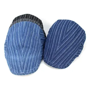 Detailed close-up of striped denim beret caps in three colors with premium stitching