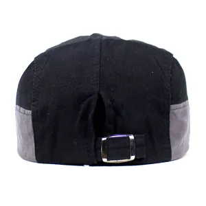 Black and gray patchwork cotton flat cap for men with adjustable metal buckle back view