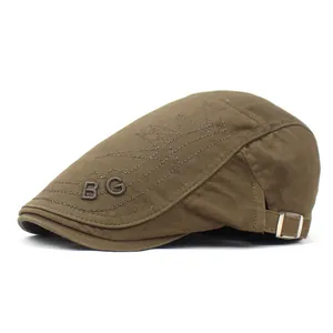Vintage olive brown cotton canvas newsboy cap with BG crown embroidery and side buckle