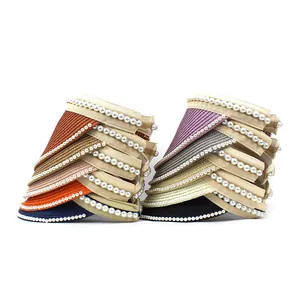 Women's open-top straw sun hat with elegant pearl trim in various color options