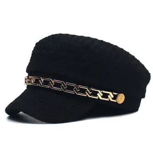 Women French Style Tweed Newsboy Hat Vintage Gold Chain Navy Cap Elegant Autumn Winter Flat Top Baker Boy Hat Accessary