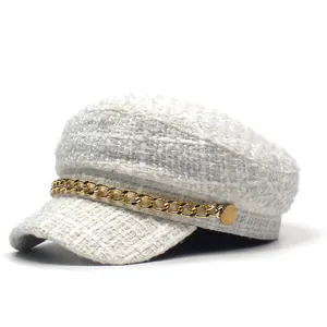 Vintage Tweed Newsboy Cap For Women With Gold Metal Chain Elegant Baker Boy Hat Casual Winter Flat Top Fashion Cap