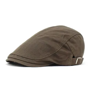 Classic dark brown cotton flat cap for men with side stitching and adjustable metal buckle