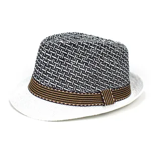 Sombrero fedora trenzado transpirable para hombre con costuras en contraste y cinta