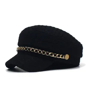 Fashion black wool tweed navy newsboy cap with gold metal chain and vintage style