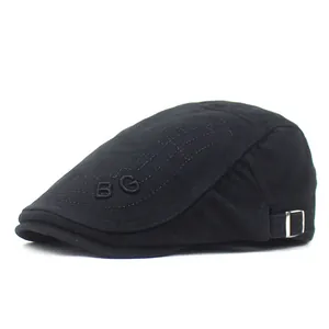 Classic black cotton beret cap with BG letter embroidery and adjustable side buckle