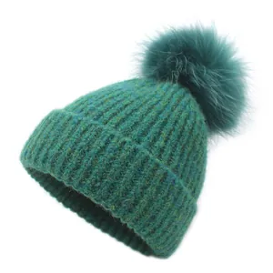 Women Winter Knit Beanie Hat With Large Faux Fur Pom-pom Chunky Ribbed Warm Slouchy Skull Cap Outdoor Fashion Accessory