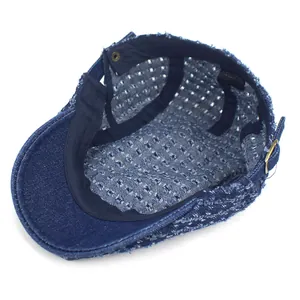 Distressed dark blue denim flat cap with diamond lattice hollow mesh and adjustable strap