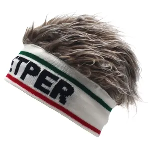 Creative gray wig headband with white knit PER letter strap and stripe detail