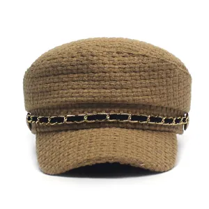 Brown plaid newsboy cap with gold metal chain decoration for women winter fashion